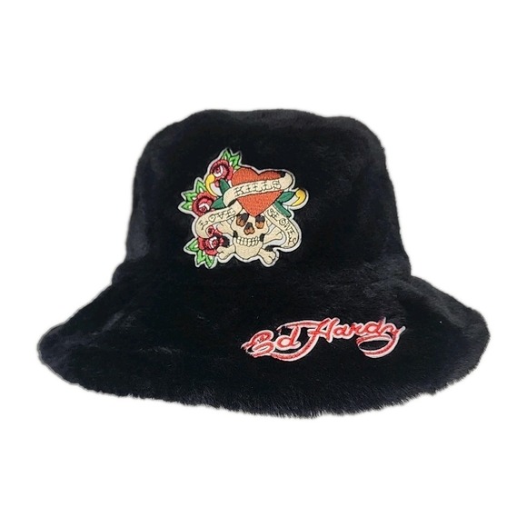 Ed Hardy Accessories - NWT Ed Hardy Black Y2K Style Faux Fur Embroidered Bucket Hat